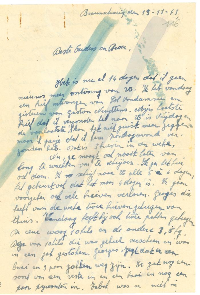 Brieven van Gaston Vallaey aan ouders, Braunschweig 13 november 1943