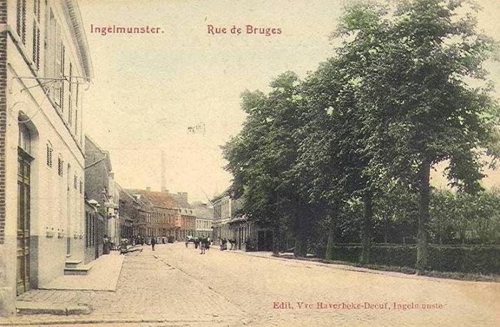 Bruggestraat, ter hoogte van de hoek met de Meulebekestraat, Ingelmunster, ca 1905