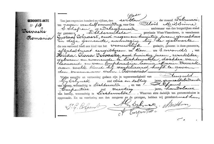 Geboorteakte van Romania Vervaeke, Lichtervelde 1 februari 1915