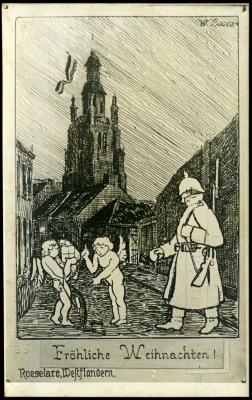 Kerstkaart met pentekening van Sint-Michielskerk, Roeselare