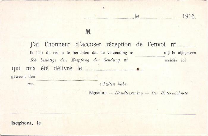 Ontvangstbericht van een zending, Izegem 1916
