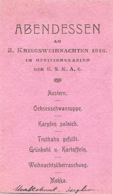 Menukaart avondeten Kerstmis in officierscasino, Marktstraat Izegem 1916