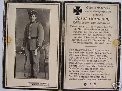 Bidprentje Jozef Hörmann, Dadizele 20 september 1917