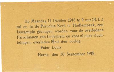 Oproep tot bijwonen Jaargetijde in Tollembeek 30 september 1918