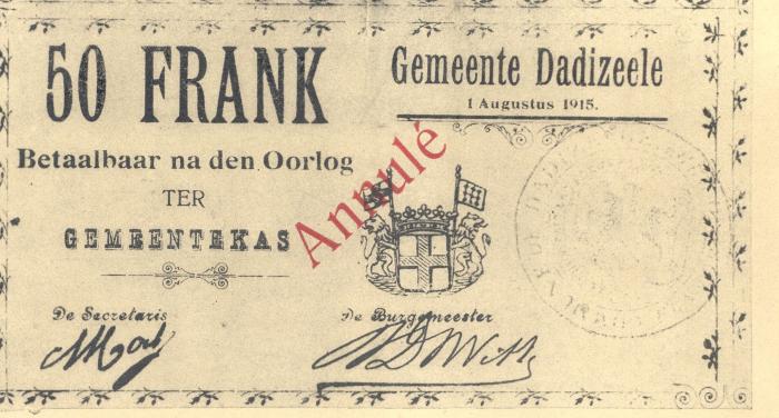 50 frank oorlogsgeld, Dadizele 1 augustus 1915