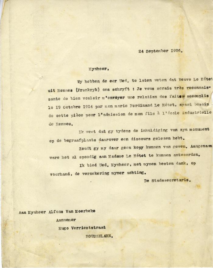 Brief van stad Roeselare aan Alfons Van Moerbeke, 24 september 1926