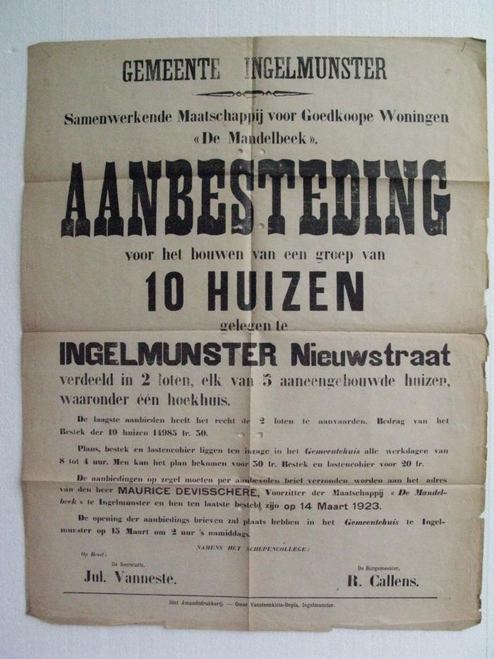 Aankondiging bouw van 10 huizen in Nieuwstraat, Ingelmunster, ca 1923