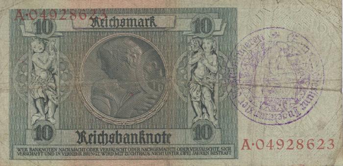 Ingelmunster, achterzijde van het 10 rijksmark biljet
