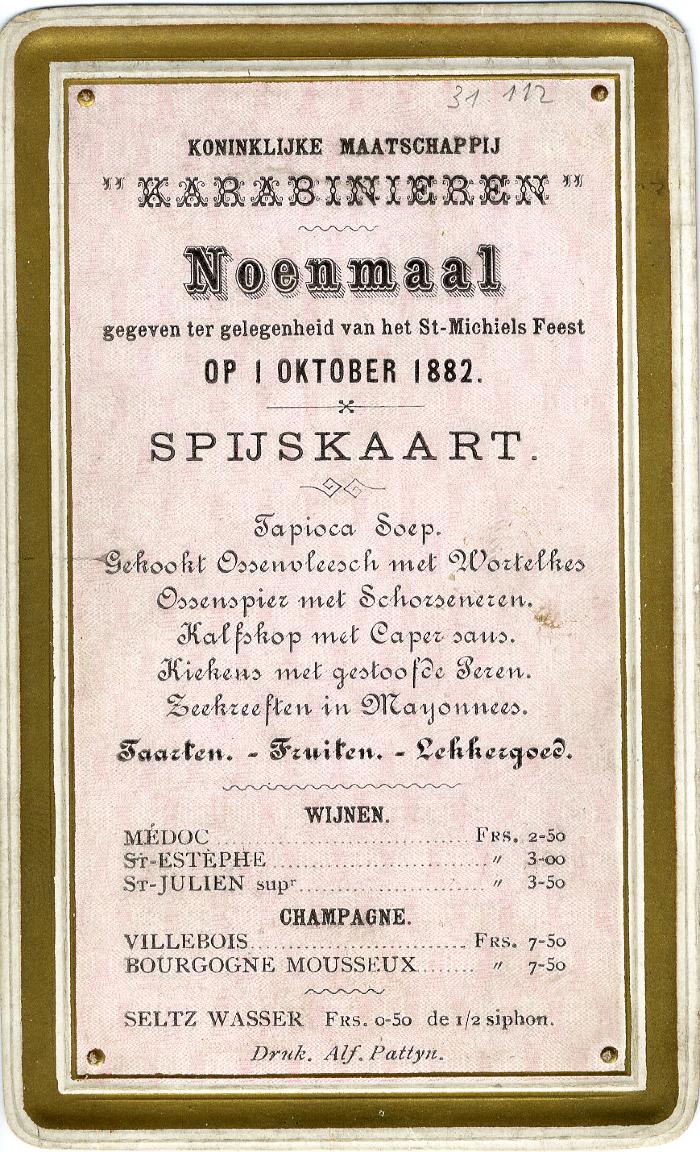 Spijskaart Karabinieren, 1882