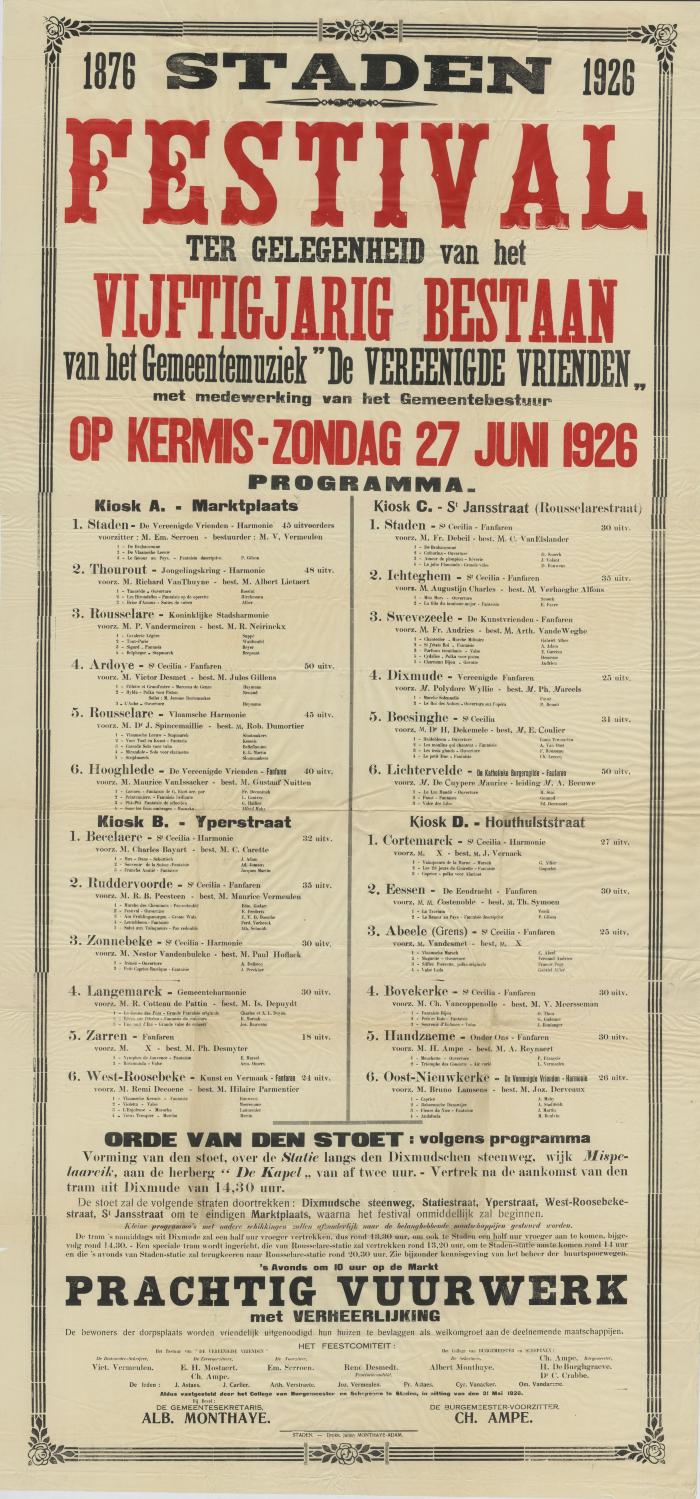 Affiche Festival vijftigjarig bestaan "De Vereenigde Vrienden", Staden, 27 juni 1926