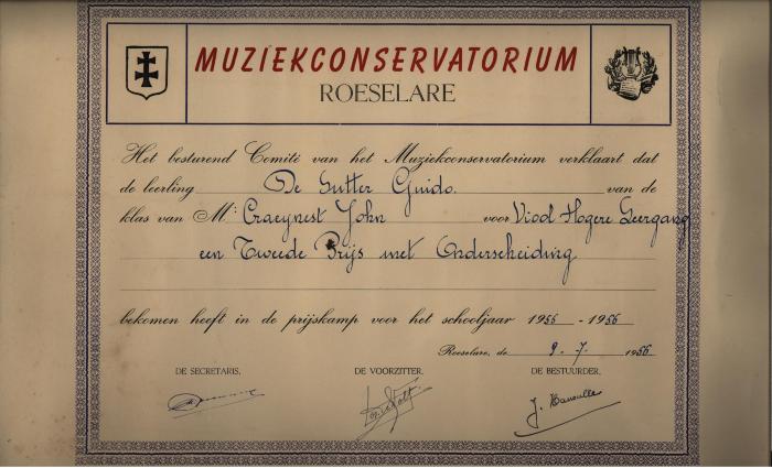 Tweede prijs met onderscheiding muziekconservatorium 1956