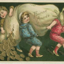 Beeldzijde nieuwjaarskaart, kinderen torsen zak muntstukken