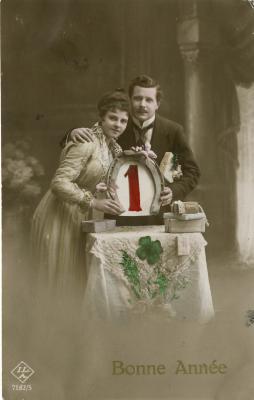 Beeldzijde nieuwjaarskaart, koppel met cijfer 1, 1910