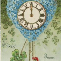 Beeldzijde nieuwjaarskaart, klok in hart van vergeet-mij-nietjes, 1903