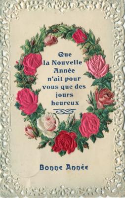 Post- en beeldzijde nieuwjaarskaart, bloemen van echte zijde, 1909