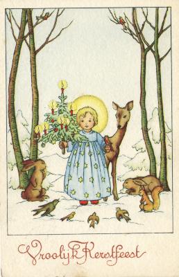 Beeldzijde kerstkaart, engel met kerstboom tussen dieren