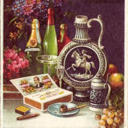 Beeldzijde nieuwjaarskaart, stilleven rookartikelen, alcohol, fruit, bloemen, 1937