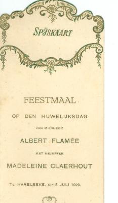 Menukaart Huwelijk Albert Flamée en Madeleine Claerbout, 1929