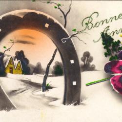 Beeld- en postzijde nieuwjaarskaart, hoefijzer in sneeuwlandschap, 1935