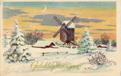 Beeldzijde nieuwjaarskaart, sneeuwlandschap met molen, 1946