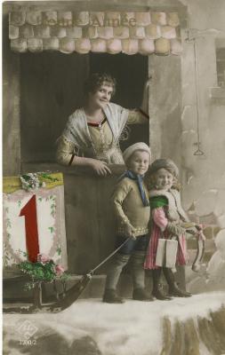 Beeldzijde nieuwjaarskaart, moeder met twee kinderen
