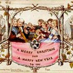 Eerste Kerst- en nieuwjaarskaart ontworpen door John Calcott Horsley, 1843 