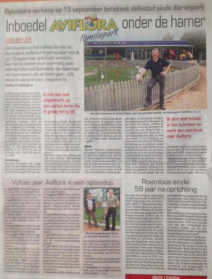 Krantenartikel openbare verkoop Aviflora, 2015, Ingelmunster