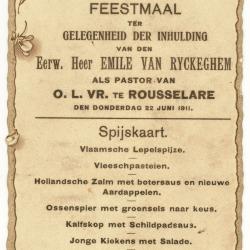 Spijskaart voor het feestmaal bij inhuldiging pastoor Emile Van Ryckeghem