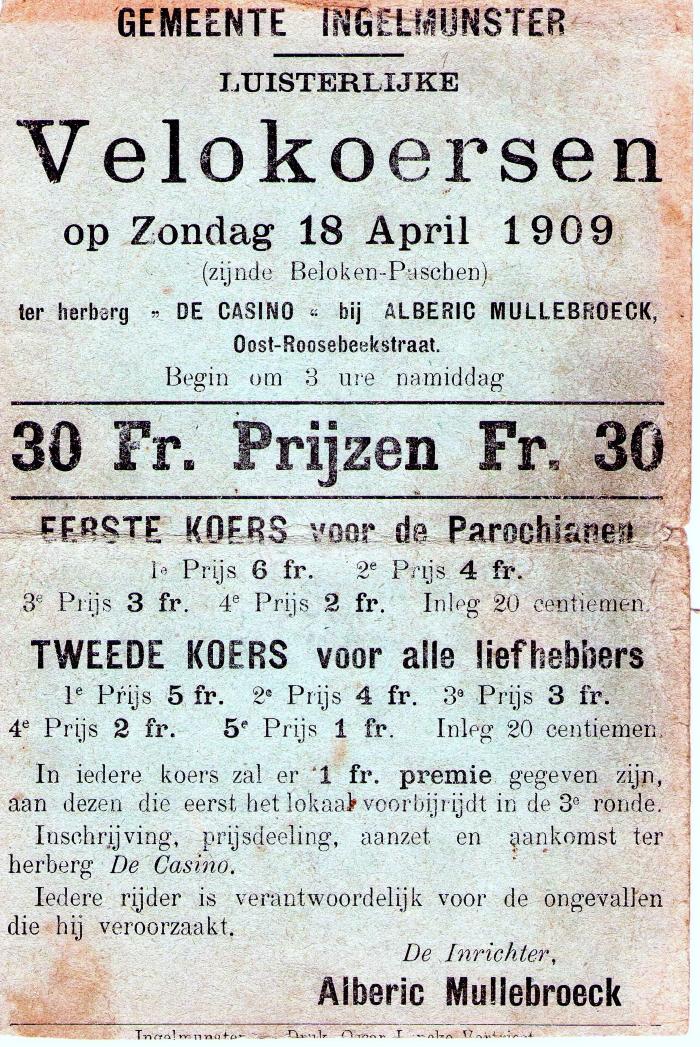 Affiche voor wielerwedstrijden voor parochianen en alle liefhebbers , Ingelmunster, 1909
