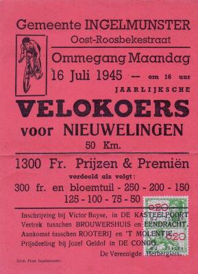 Affiche voor wielerwedstrijd, Ingelmunster, 1945 