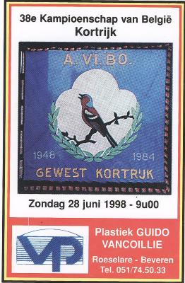 Sticker van Algemene Vinkeniersbond A.Vi.Bo ter gelegenheid van het 38e kampioenschap van België in Kortrijk
