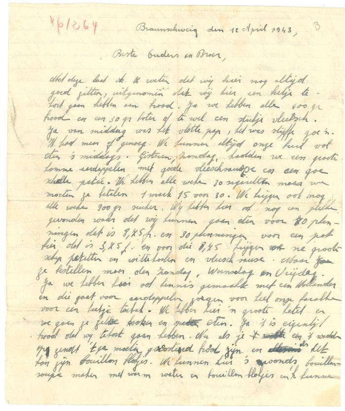 Leven van Gaston Vallaey in het werkkamp Braunschweig, brief van 12 april 1943