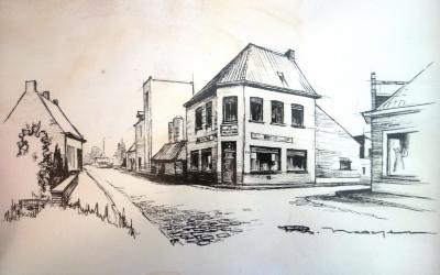 Tekening van café de Nieuwe Ruiter, Roeselare