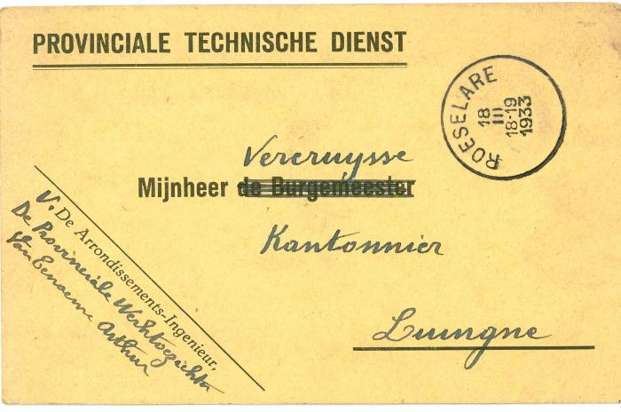 Briefkaart Provinciale Technische Dienst, 1933