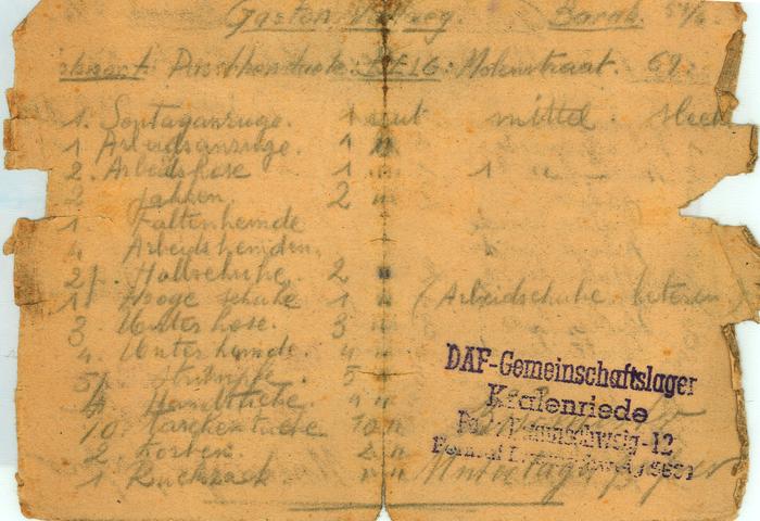 Inventaris werkkledij Gaston Vallaey, Braunschweig 1943