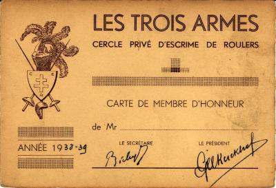 Erelidkaart van de schermvereniging "Les Trois Armes", 1938-39, Roeselare