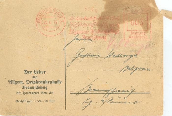 Briefkaart van ziekenkas, Braunschweig