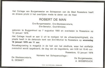 Overlijdensbericht Robert De Man, Roeselare, 1978
