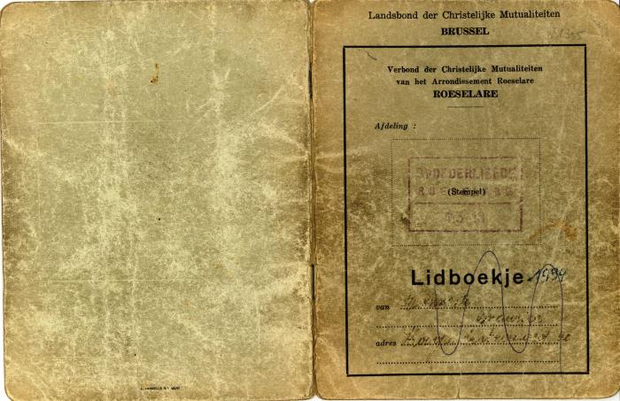Lidmaatschapsboekje Landsbond der christelijke mutualiteiten, Roeselare, 1943