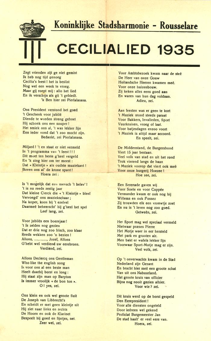 Cecilialied, Roeselare, 1935