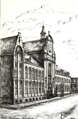 Pentekening van de kerk en gevel van het Klein Seminarie , Roeselare, 1977