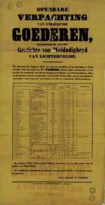 Affiche Openbare verpachting van onroerende goederen, Lichtervelde, 25 augustus 1846