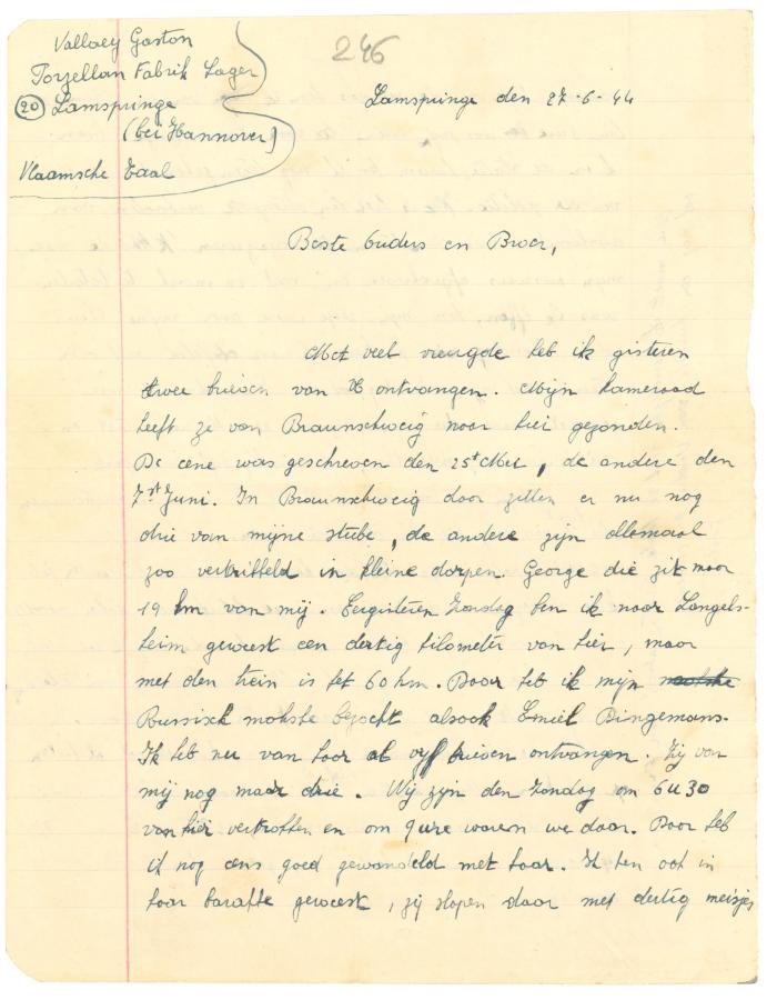 Brief van Gaston Vallaey aan ouders, Lamspringe 27 juni 1944