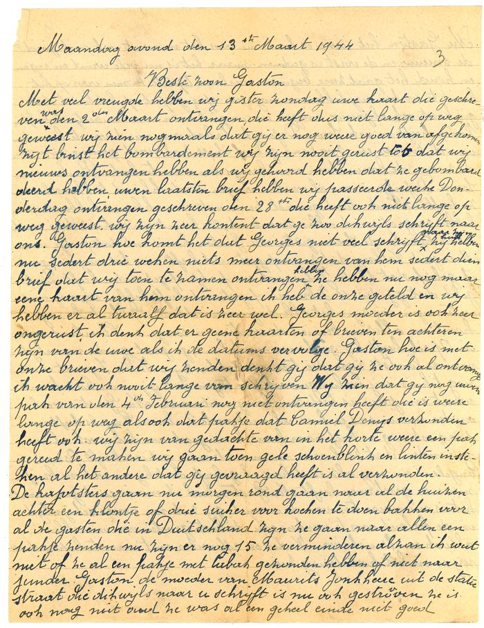 Brief van moeder Vallaey aan Gaston, Passendale 13 maart 1944