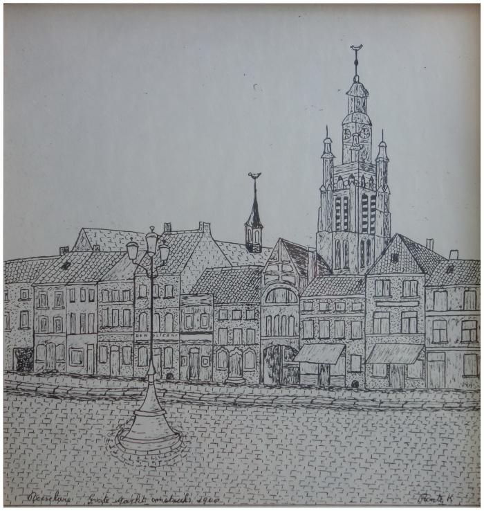 Tekening van de grote markt, Roeselare, omstreeks 1900