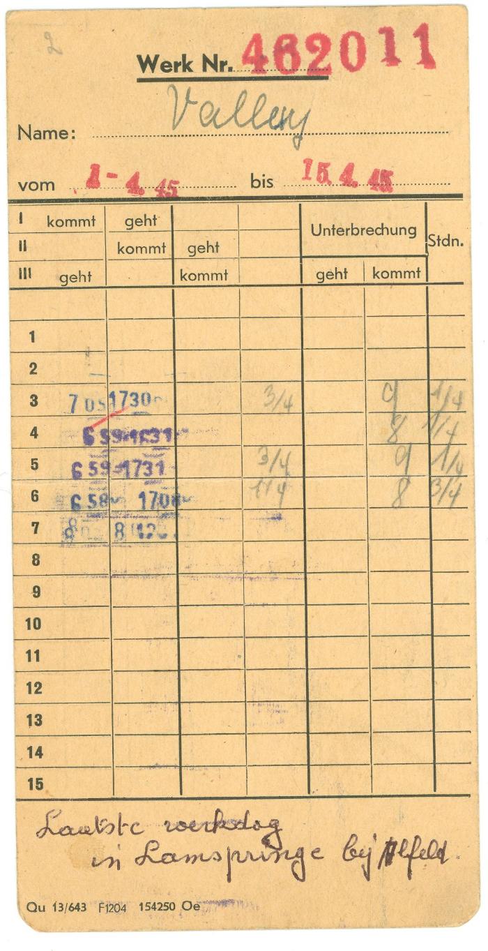 Laatste werkdag van Gaston, Lamspringe april 1945