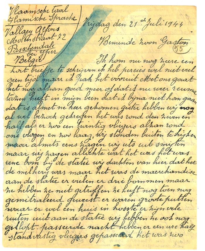 Brieven van moeder Vallaey aan Gaston, Passendale 21, 25 en 27 juli 1944
