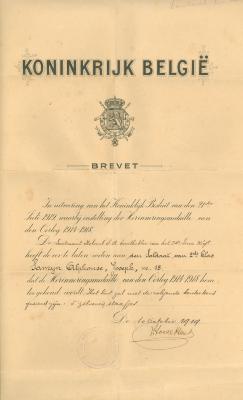 Brevet herinneringsmedaille 1914-1918 van Alphonse Samyn