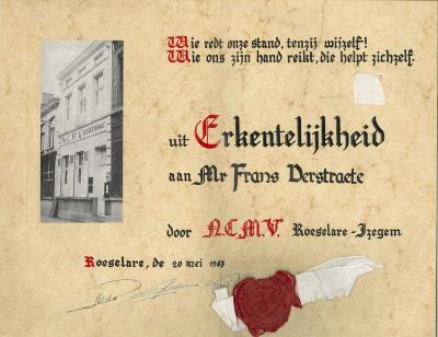 Erkentelijkheidsdiploma Frans Verstraete, Roeselare, 1963