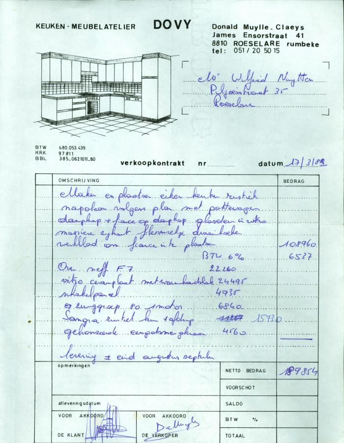 Aankoopovereenkomst voor een keuken bij Dovy, Roeselare,1982